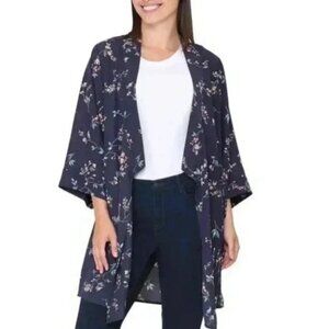Tahari navy blue floral lightweight kimono style top size S/M NWT